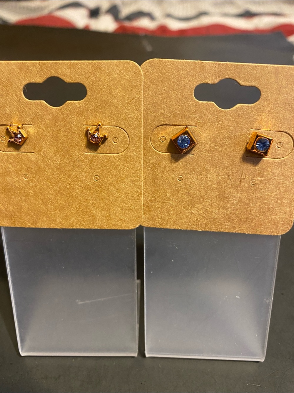 Kids Gold-Tone Stud Earrings with Pink and Blue Crystal Accents -